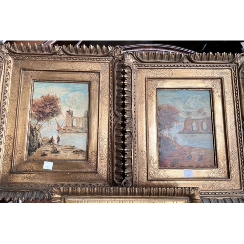 784 - A 19th century style pair of miniature oils:  figures in continental landscapes ; a similar ova... 