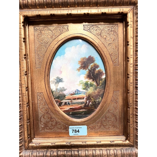 784 - A 19th century style pair of miniature oils:  figures in continental landscapes ; a similar ova... 