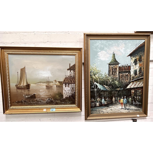 797 - Bernard: oil on canvas of Parisian street scene, gilt framed; another seascape and a smaller pa... 