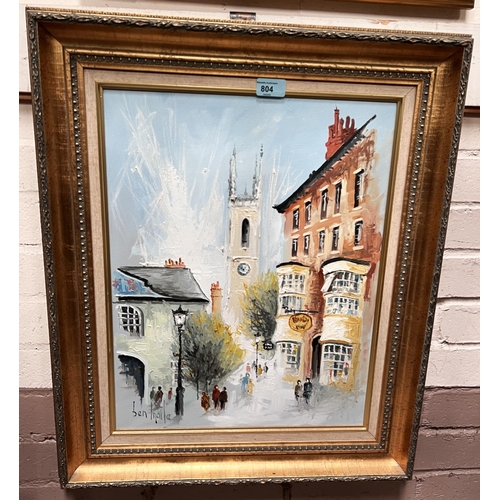 804 - Ben Maile: Oil on canvas with clock tower in the background, signed, gilt framed 49x39cm