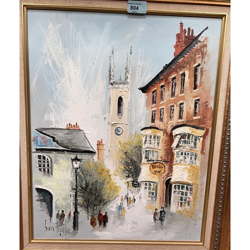 804 - Ben Maile: Oil on canvas with clock tower in the background, signed, gilt framed 49x39cm