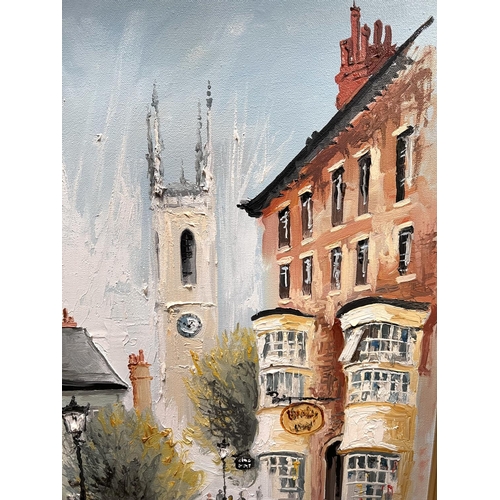 804 - Ben Maile: Oil on canvas with clock tower in the background, signed, gilt framed 49x39cm