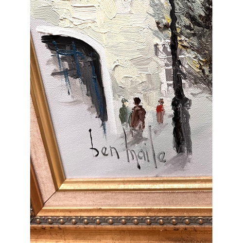 804 - Ben Maile: Oil on canvas with clock tower in the background, signed, gilt framed 49x39cm