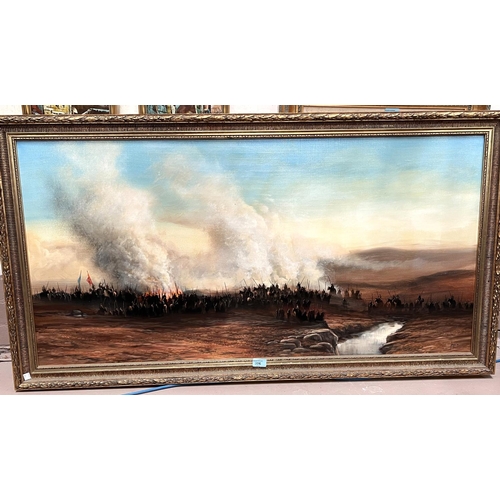 806 - Mike Nance: large military oil on canvas, soldiers on battle field with fires and smoke with flags w... 