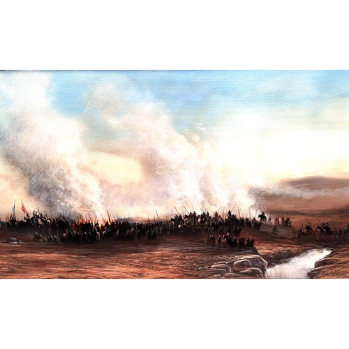 806 - Mike Nance: large military oil on canvas, soldiers on battle field with fires and smoke with flags w... 