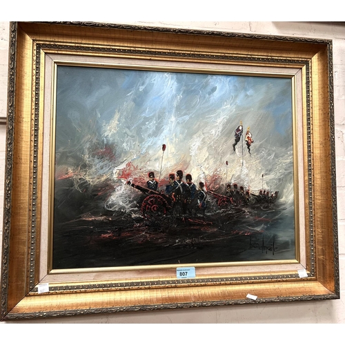 807 - Ben Maile: An atmospheric Napoleonic Military oil on canvas cannon squads of blue coated soldiers wi... 