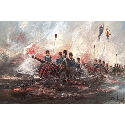 807 - Ben Maile: An atmospheric Napoleonic Military oil on canvas cannon squads of blue coated soldiers wi... 