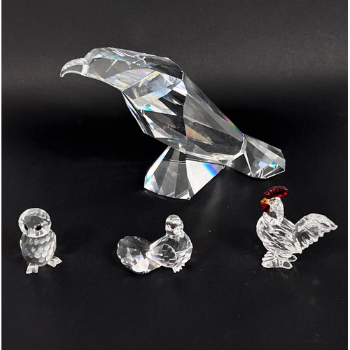 500 - A Swarovski silver crystal eagle, ht. 9.5cm: 3 small Swarovski birds - Cockerill, owl and pigeo... 