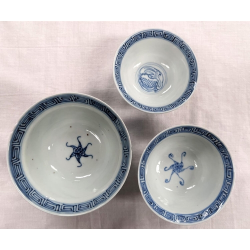 362 - 3 18th century Chinese blue and white tea/rice bowls 2 with similar patterns and seal marks to base ... 