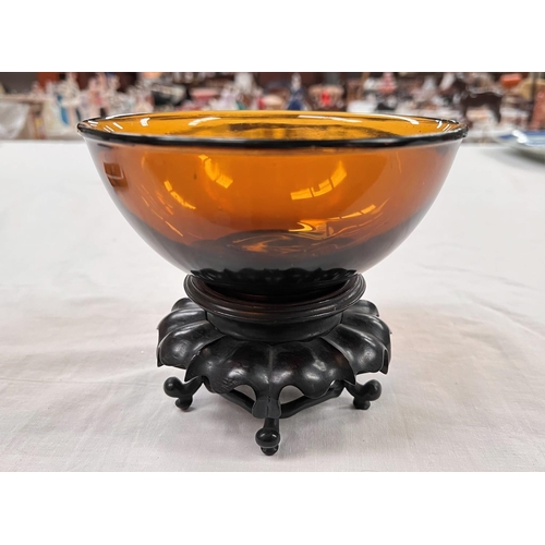 366 - A Chinese Peking amber glass bowl etched four character signature to base and associated hardwood st... 