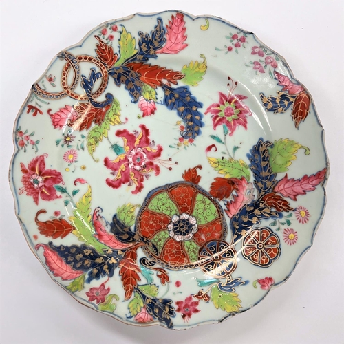 372 - An 18th century Chinese tobacco leaf dish with scalloped edge diameter 23cm with hairlines and areas... 