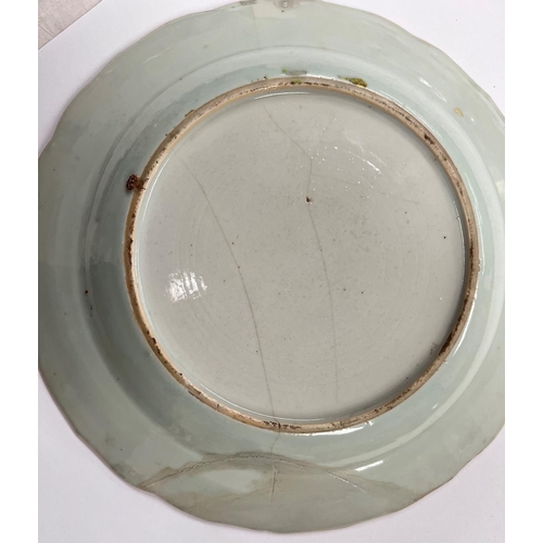 372 - An 18th century Chinese tobacco leaf dish with scalloped edge diameter 23cm with hairlines and areas... 