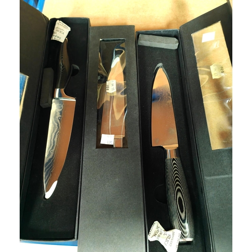 49C - Three Damascus Chef knives boxed, unused 