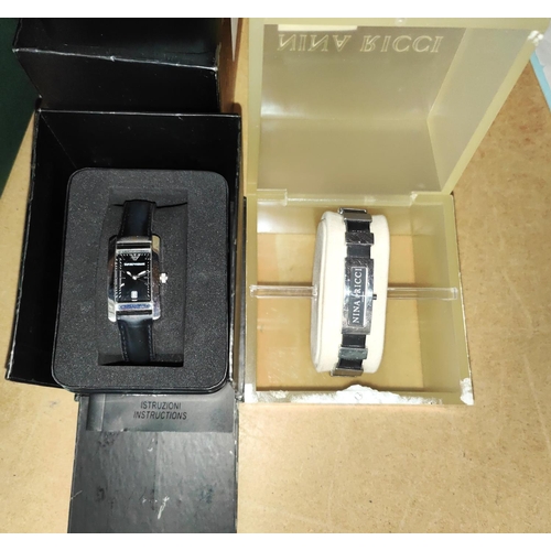 755 - An Armani ladies datejust wristwatch AR0122 boxed with leather strap; a Nina Ricci Ladies wristwatch... 