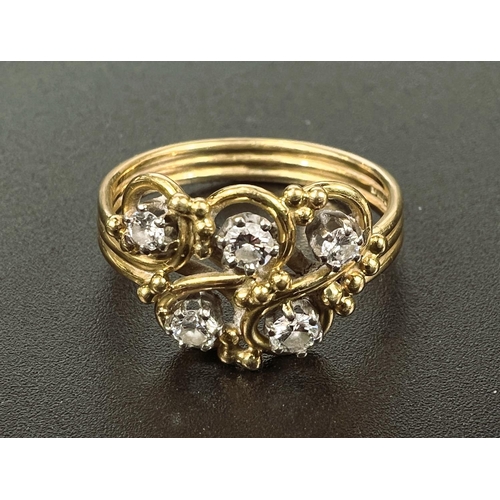 687 - An 18 carat hallmarked gold dress ring with 5 diamonds in scroll setting on ribbed shank, gross weig... 