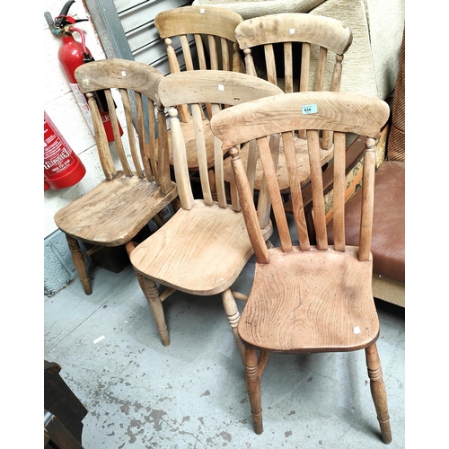 834 - A 19th century set of 6 elm and beech kitchen chairs with lath backs and solid seats