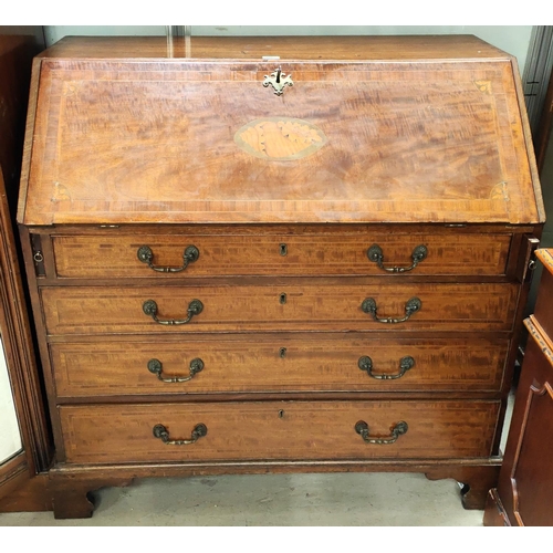 908 - A Georgian mahogany bureau with shell and other inlay, fitted interior, four drawers bellow with cro... 