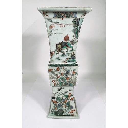 448 - A large Chinese famille vert square vase with tradition scenes decoration, central knot, with flared... 