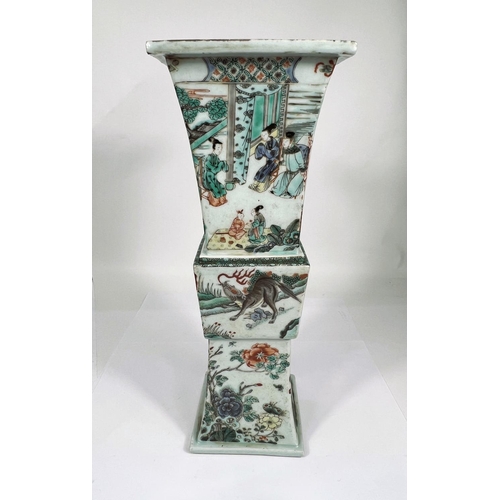 448 - A large Chinese famille vert square vase with tradition scenes decoration, central knot, with flared... 