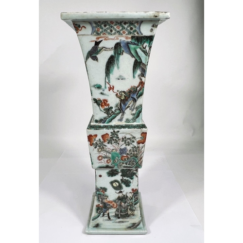 448 - A large Chinese famille vert square vase with tradition scenes decoration, central knot, with flared... 