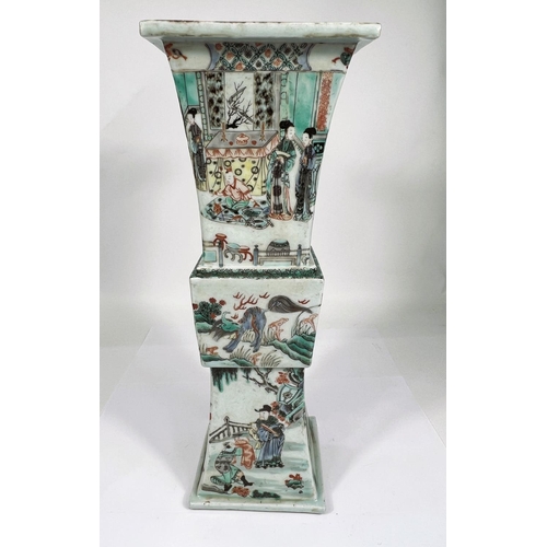 448 - A large Chinese famille vert square vase with tradition scenes decoration, central knot, with flared... 