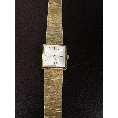 681 - A lady's Zenith wristwatch in 9 carat hallmarked gold case and integral strap, net weight 25gm