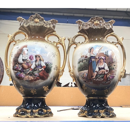 109 - A pair of Staffordshire style dogs and two Victorian vases with pictural scene