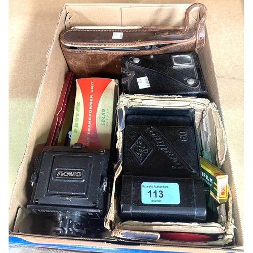 113 - An Agfa Record folding camera with developing kit; a Lubitel 166B box camera; a Brownie box camera; ... 