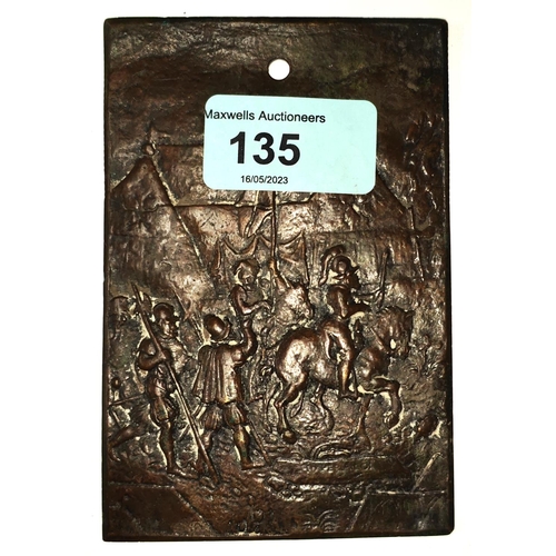 135 - A 19th century bronze relief plaque depicting medieval soldiers on horse back and foot 11.5cm