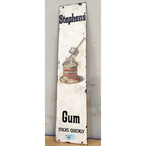 141 - Advertising enamel sign Stephen's Gum Sticks Quickly (slight restoration to text) 60 x 13cm