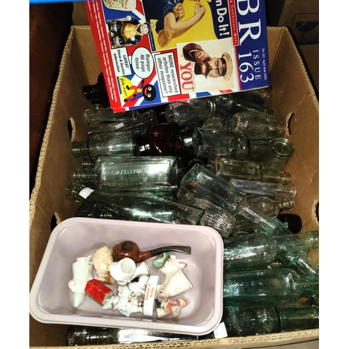 146 - Vintage bottles c.130; pipe bowls , 2 magazines