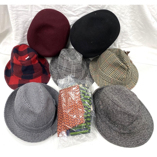 49A - Five Trilby hats, small to medium sizes and three Italian silk ties and two other silk ties