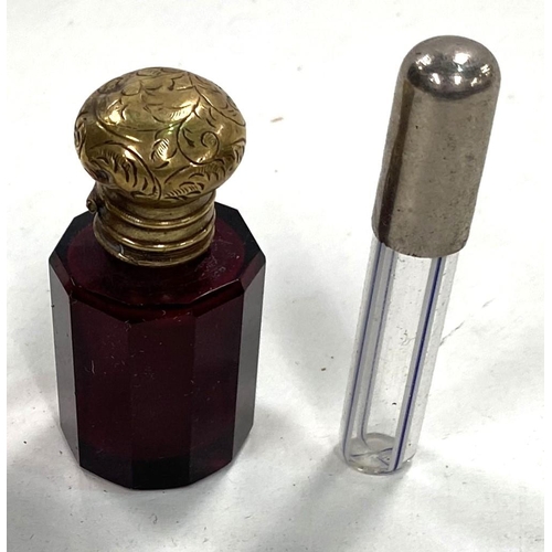 57 - A Victorian ruby glass scent bottle, 5cm; another; 2 miniature perfumes