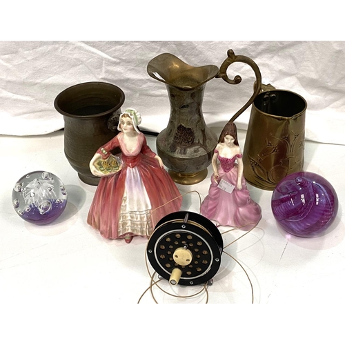 78 - Two china figures:  Janet & Debutante Chloe; a PDQ fly reel, boxed; an Art Nouveau brass ju... 