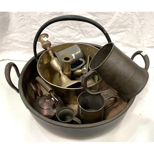 80 - A large copper preserve pan; a brass similar; metalware