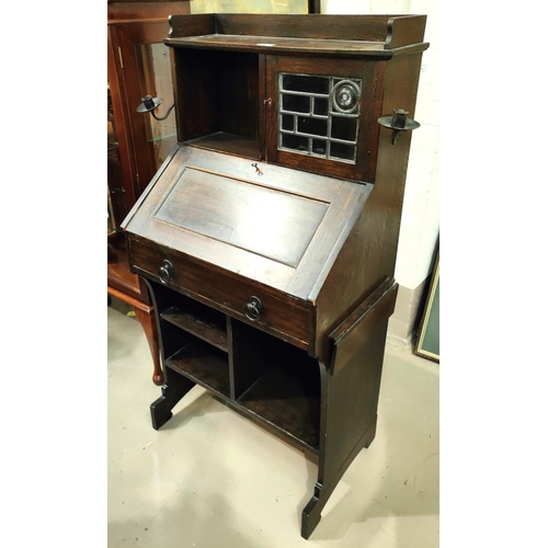 868 - A Liberty's small oak bureau with open shelves and mullion glazed cupboard, folding side shelf, and ... 