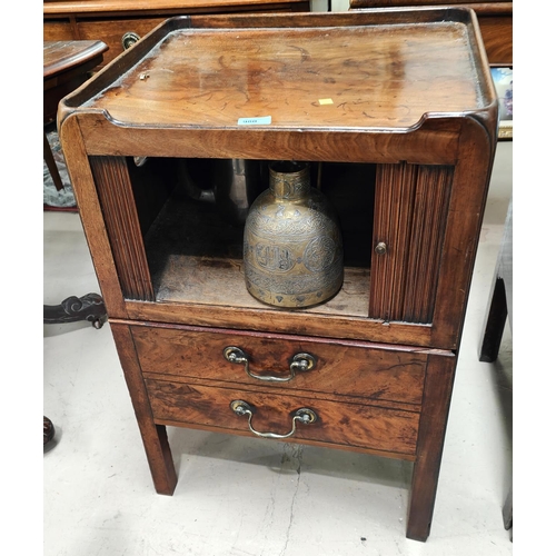 980 - A Georgian night stand with raised gallery tambour front cupboard and pull out commode base