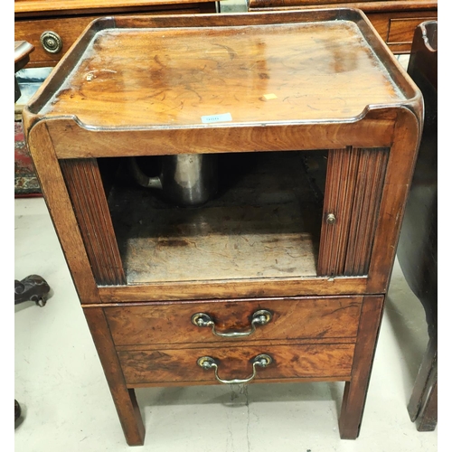 980 - A Georgian night stand with raised gallery tambour front cupboard and pull out commode base