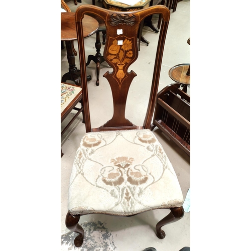 867 - An Edwardian mahogany side chair with floral inlay; a 2 division magazine rack and 2 bedroom chairs;... 