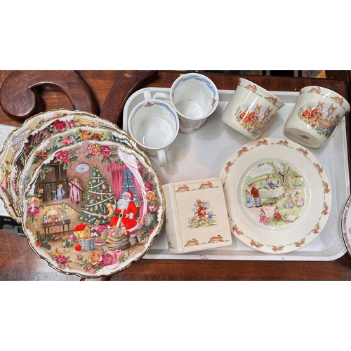 495A - Two Royal Doulton Bunnykins plates and 2 similar mugs and money box; 2 childres' mugs, 4 Royal Alber... 