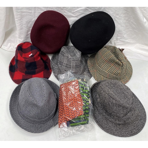 49A - Five Trilby hats, small to medium sizes and three Italian silk ties and two other silk ties