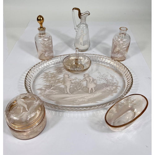 587 - A 19th century Mary Gregory green glass trinket set and tray (2 pieces a.f.)