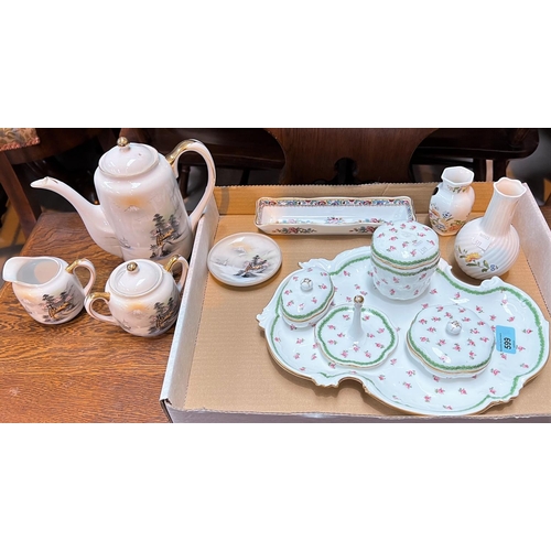 599 - A Mintons dressing table set with tray and 3 covered pots (1 finial missing) and a ring stand; a Nor... 