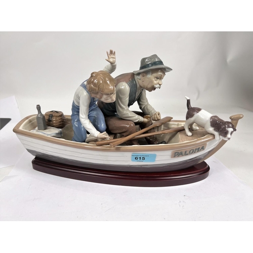 615 - A Lladro group of grandfather and grandson fishing off boat Paloma, length 38cm, (one ore a.f)