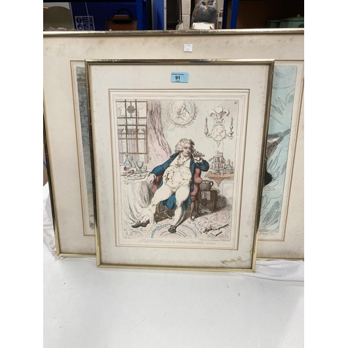 91 - 5 re-printed limited edition George III satirical cartoon prints by Regency cartoonist - James Gilra... 