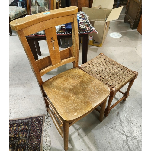 144 - A raffia stool, a vintage Church pine chair, a leather suitcase