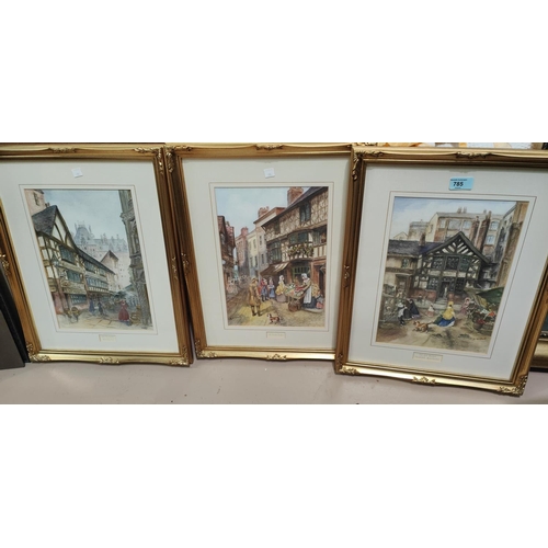 785 - M Pritchard: Old Manchester scenes, 3 watercolours, signed, 33 x 23cm, framed and glazed; a framed p... 