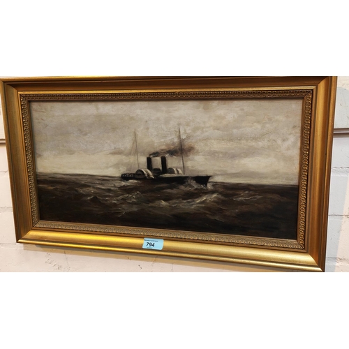 794 - 19th century funnel paddle steamer at sea, oil on canvas, unsigned, 24 x 49cm framed 23 x 48cm