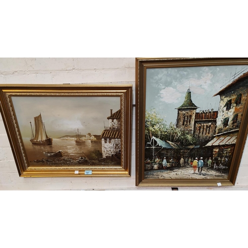 797 - Bernard: oil on canvas of Parisian street scene, gilt framed; another seascape and a smaller pa... 