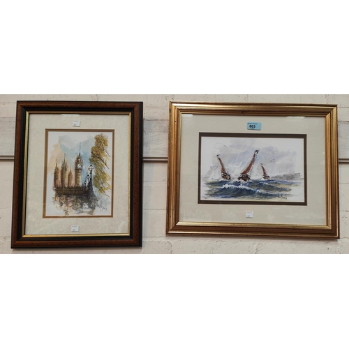 803 - Ben Maile: Pen and watercolour of Big Ben and Parliament, signed 22.5 x 17cm framed and glazed; Ben ... 